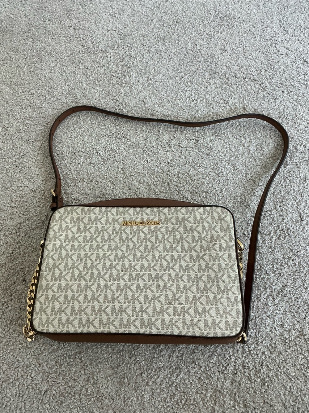 Michael Kors Beige Logo Crossbody with Brown Trim and Gold Hardware